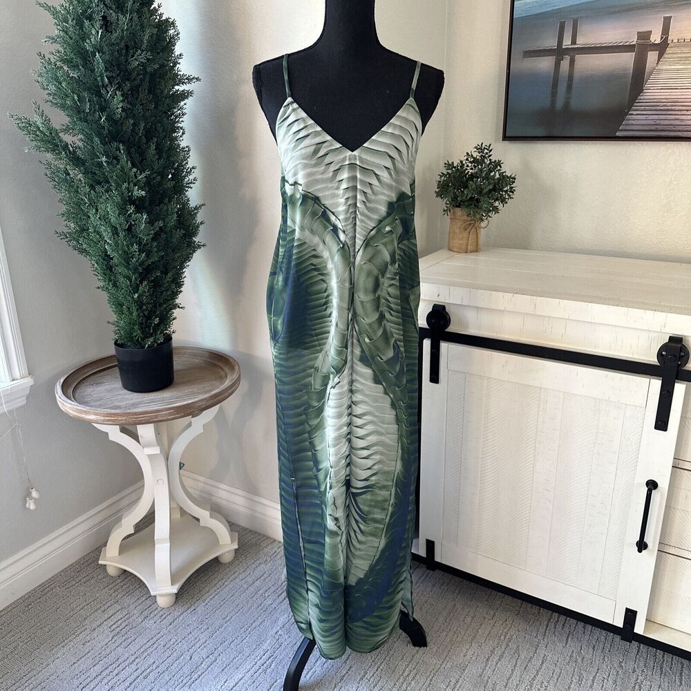 Making the Cut Women's Sheer Maxi Slip‎ Dress Plus Sz Medium Green Print Reptile